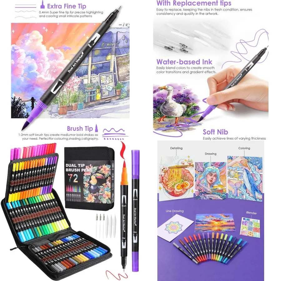 

Маркеры с двумя наконечниками Набор художественных маркеров с двойной кистью с тонким наконечником и наконечником кисти для взрослых Книжка-раскраска Ручная надпись Каллиграфия Dr