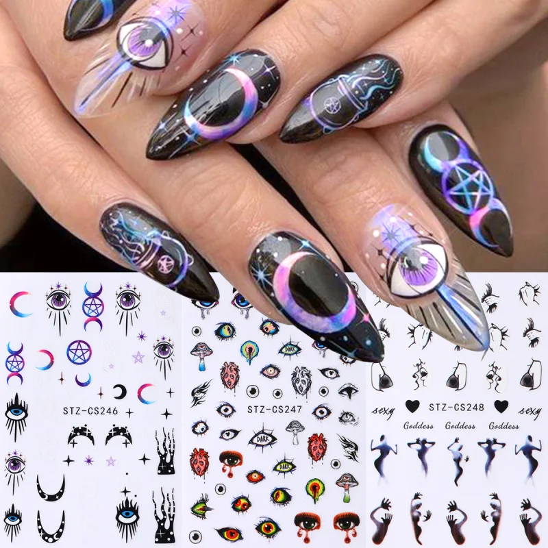 Urocze Oczy Księżyc Gwiazda Naklejki na Paznokcie Fioletowe Złe Oczy Bogini Ozdoby do Paznokci Śliczne Duchy Halloweenowe Samoprzylepne Naklejki Dekoracje