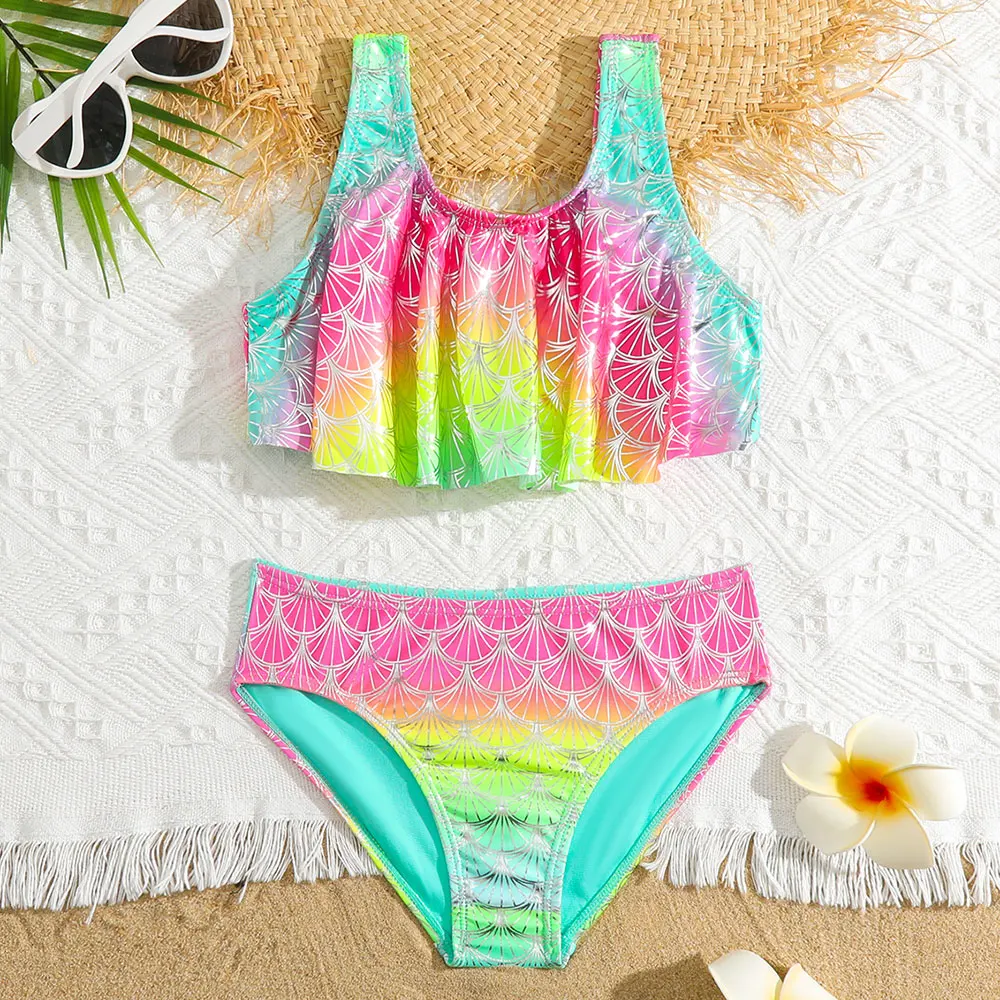 Girls Fish Scale Mermaid Bikini Swimsuit Kids Ombre Ruffle Two Piece Children's Swimwear 4-18 Years Teen Bathing Suit Beachwear