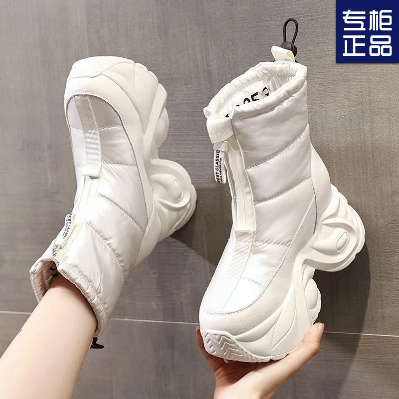 Winter Women's Fur Snow Boots Keep Warm Chunky Short Boots Outdoor Plush Mid-calf Shoes 10CM Platform Anti-skid Leather Sneakers