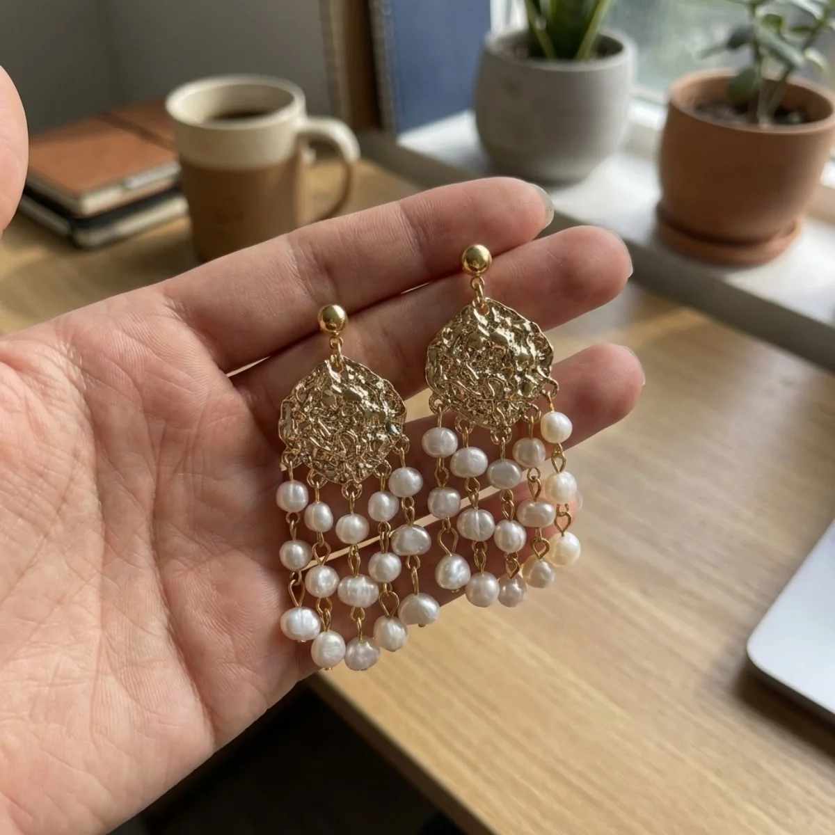 Böhmische geometrische unregelmäßige Imitationsperlen-Quastenohrringe für Damen und Herren, Muschel-Korallen-Strandohrringe, Sommerschmuck – Detail 13