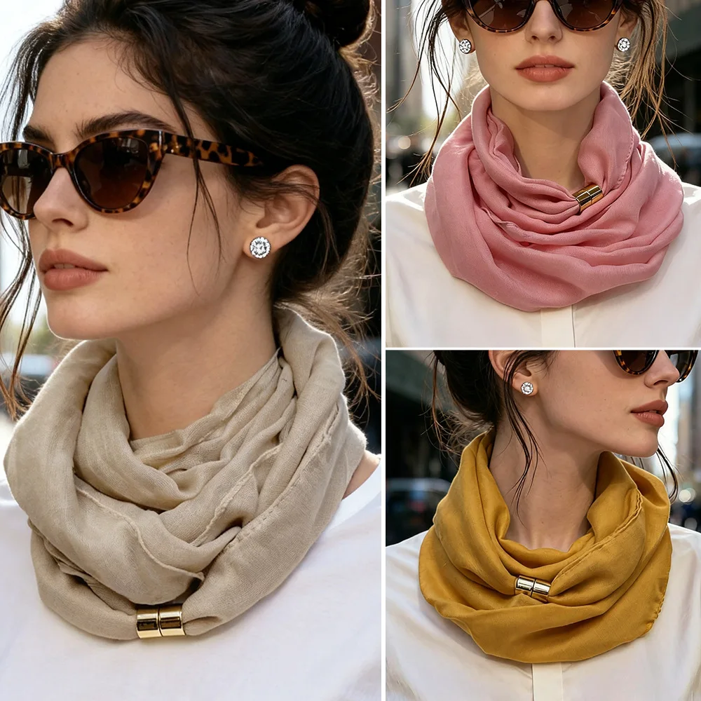 Spring Summer Fashionable Women's Crinkle Neck Warmer Scarf, High-End Magnetic Button Thin Square Scarf, Versatile Accessory