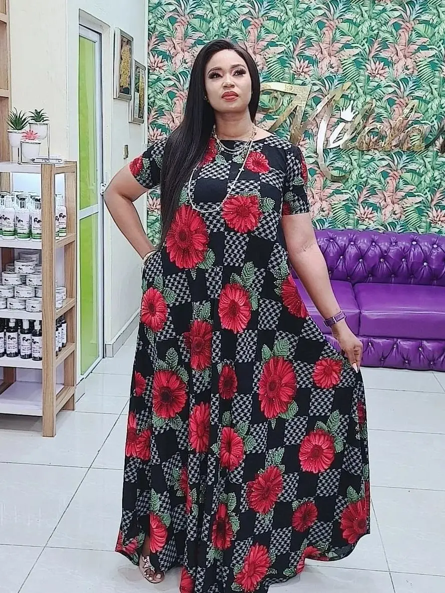 

Elegant Maxi Dresses Women Short Sleeve Rose Print Africaine Femme Clothes Sexy Backless Beach Casual Long Dress For Party