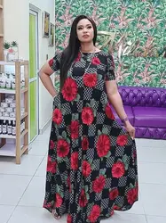 Elegant Maxi Dresses Women Short Sleeve Rose Print Africaine Femme Clothes Sexy Backless Beach Casual Long Dress For Party