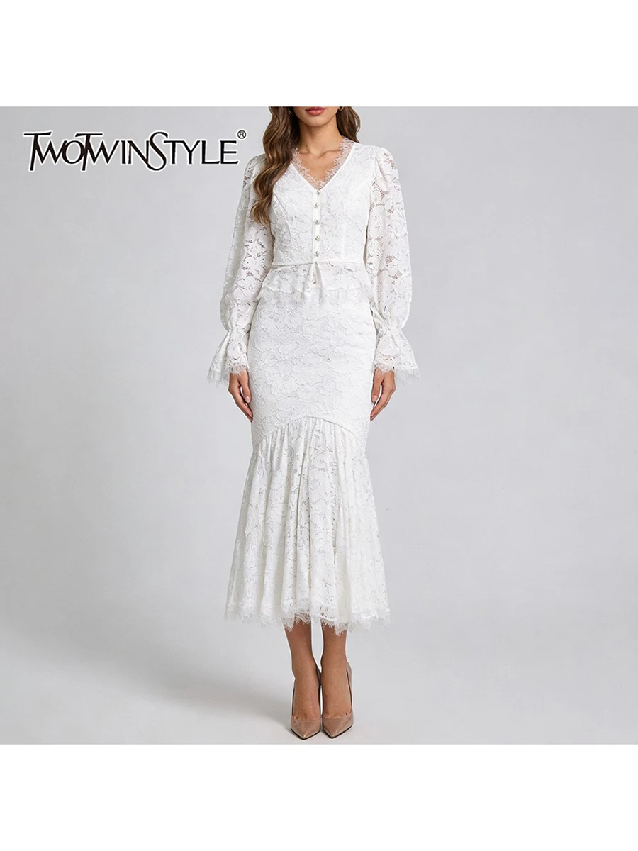 

TWOTWINSTYLE Slimming Sheer Spliced Lace Two Piece Sets for Women V Neck Long Sleeves High Waist Irregular Skirt Set Female New