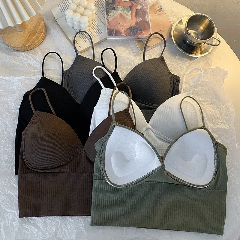 French Style Crop Top Camisole Bra Slim Fit Sexy Stretch Push Up Bra with Chest Pads Cropped Navel Short Tube Top V-Neck Tops