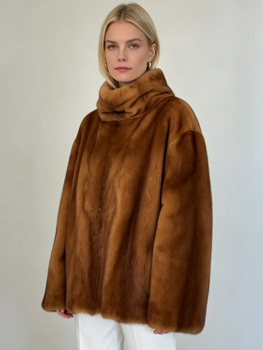 Women Faux Mink Fur Turtleneck Coat Long Sleeve Warm Soft Fluffy Winter  Jacket