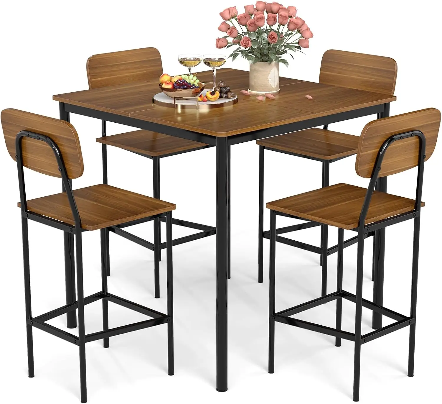 

5-Piece Square Dining Table Set for Small Spaces, Industrial Steel Frame with Teak Finish, Seats 4