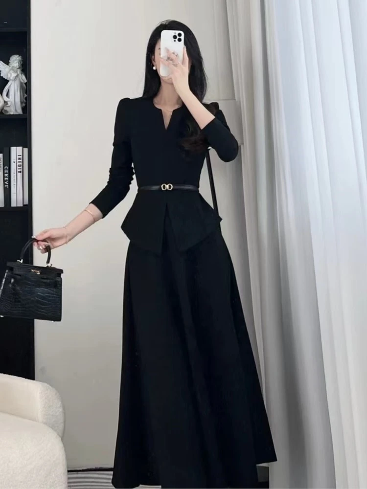 Autumn Winter Women\'s Office Lady Two-piece Skirt Set Solid Long Sleeve Slim Top Midi Skirt Korean Fashion Outfits New Suit