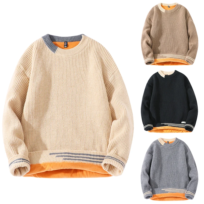 Comfortable Colorblocking Crew Neck Men Sweater Fashion Loose Casual Men Pullover Winter Padded Design Sweater Cotton Soft Yarn