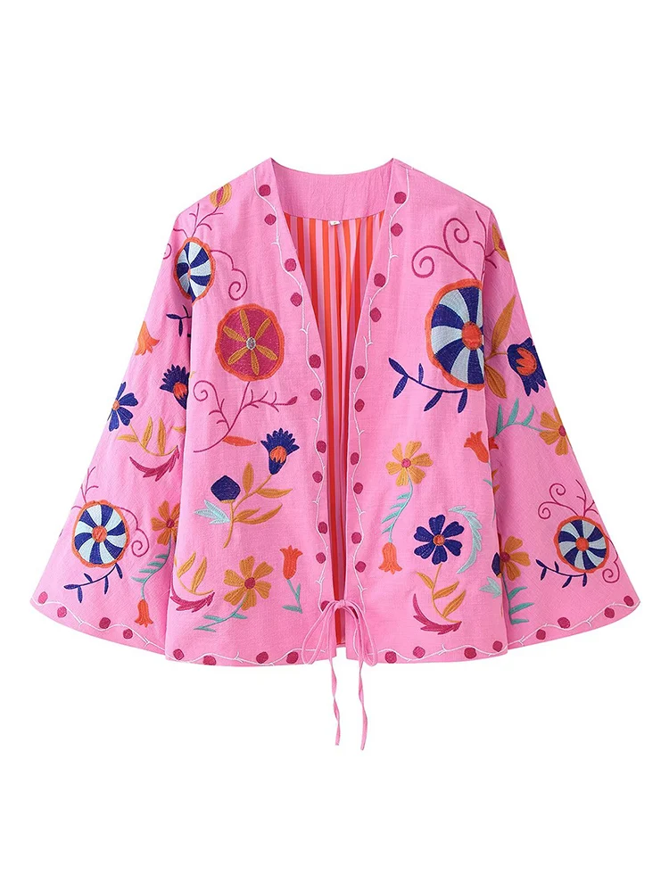 

European and American style autumn new women's clothing fashionable loose embroidered cardigan lace-up jacket