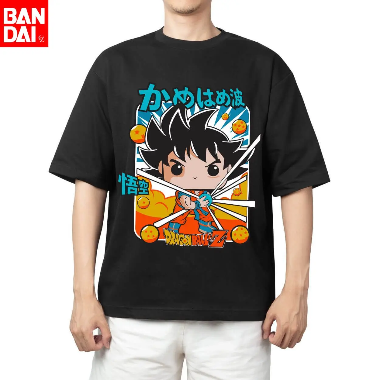 

Dragon Ball Z Goku Chibi Style Kamehameha Wave Dragon Balls & Japanese Katakana Print Oversized Cotton T-Shirt Men's Casual