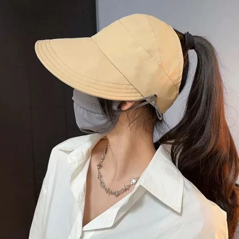 Foldable Wide Brim Ponytail Sun Hat Drawstring Adjustable Cap For Women Beach Hat Summer Quick-dry Visor Fisherman Cap