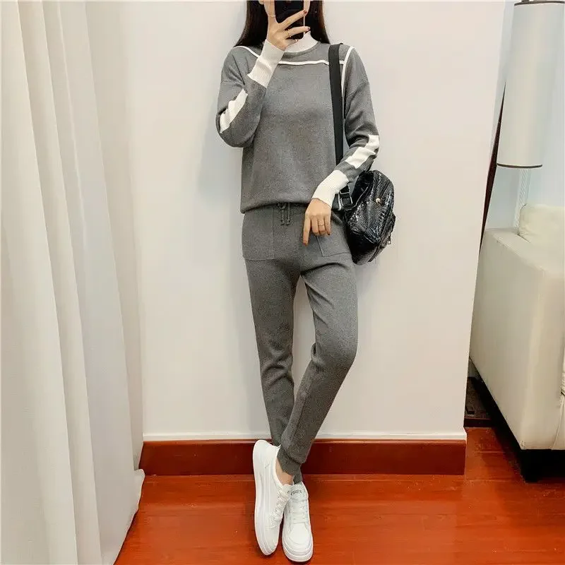 Women Sweater Sets Autumn Winter Golf Wear Thick Soft Knitted Sets Pullovers +Long Pant Casual 2PCS Track Golf Clothing Suits