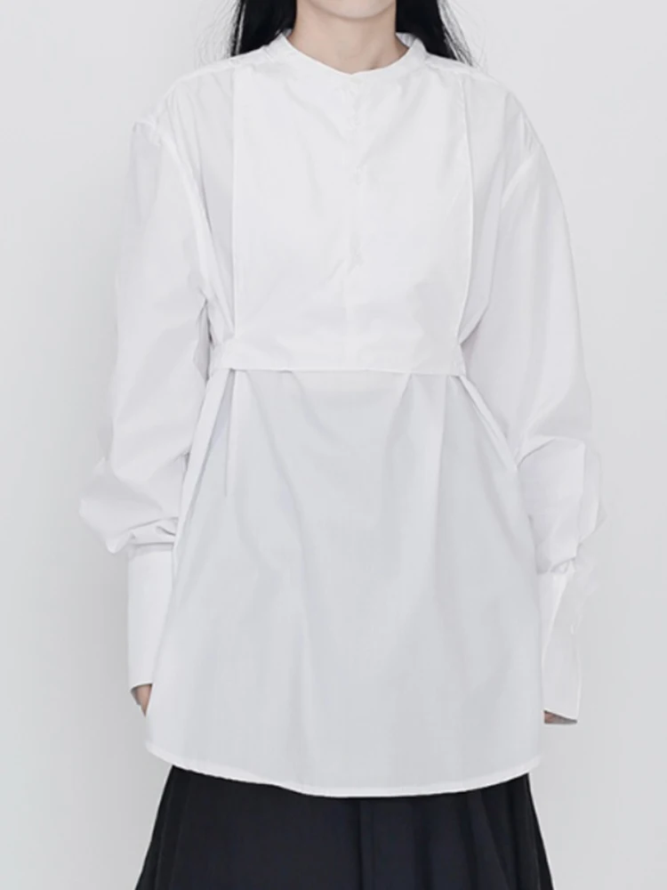 YERMORA الأبيض المرقعة موجز بلوزة غير رسمية للنساء الجولة الرقبة طويلة الأكمام فضفاضة قميص جديد موضة المد ربيع الخريف 2025