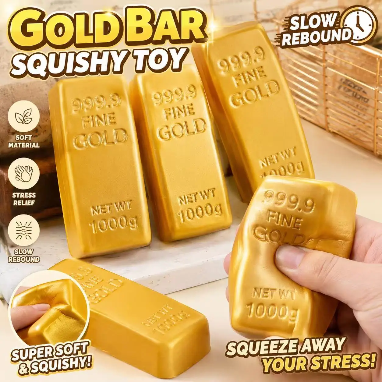 Gold Bar Squishy Toy Slow Rebound Soft Squeeze Fidget Toy Stress Relief Sensory Toy Funny Novelty Gift
