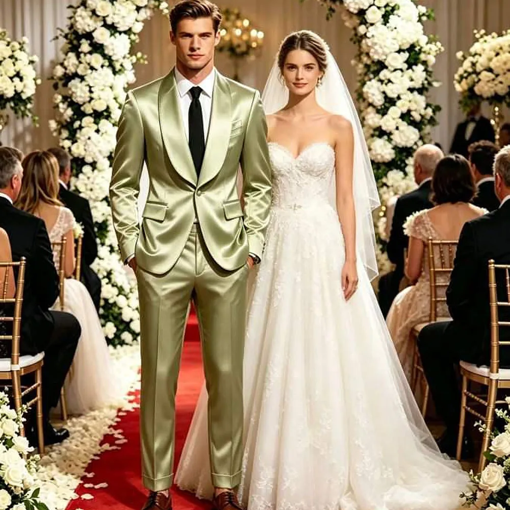 Men’s Satin Shawl Lapel Tuxedo 2-Piece Slim Fit Suit One Button Blazer Dress Business Wedding Jacket Pants Set
