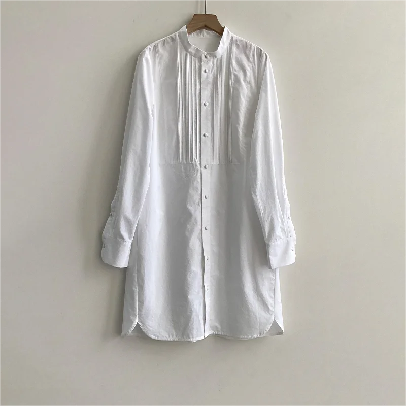 

Zadig Women Summer Dresses Chic Embroidered Print Loosen Robe Female Spring White Round Stand Collar Button Youth Shirt Skirts