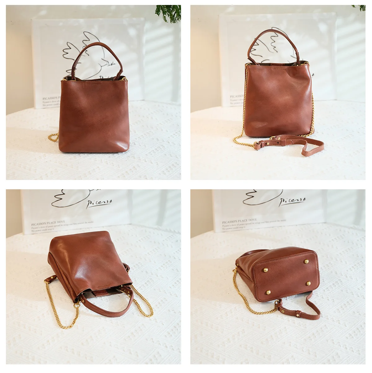 Fashion outdoor travel first layer cowhide women's bucket handbag weekend party designer handmade genuine leather shoulder bag