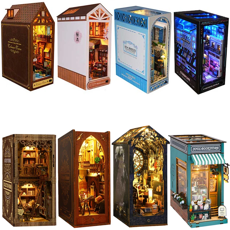 Kit de rincón de libros DIY, estante Inser, modelo de casa de muñecas, Kit de construcción, estantería de madera, habitación, casa de muñecas, sujetalibros, juguete para adultos, regalos de cumpleaños