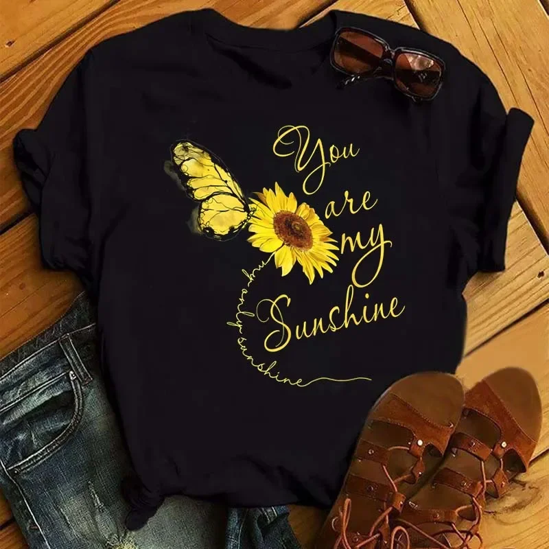 Maycaur Cartoon T Shirt Sunflower Elephant Print Women Top Fashion O-neck Black Tee Female Cute Graphic Tee Tops Casual Short