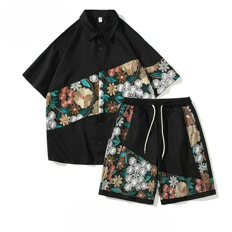 

Summer Casual Suit Men's Embroidered Shirt Short-sleeved Shorts Five-point Pants Handsome Two-piece Temperament Comfort Fashion