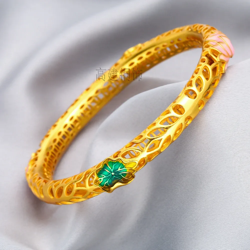 Fine gold AU999 bracelet enamel hollow lotus 24k real gold ethnic style trend wrist chain female hand jewelry