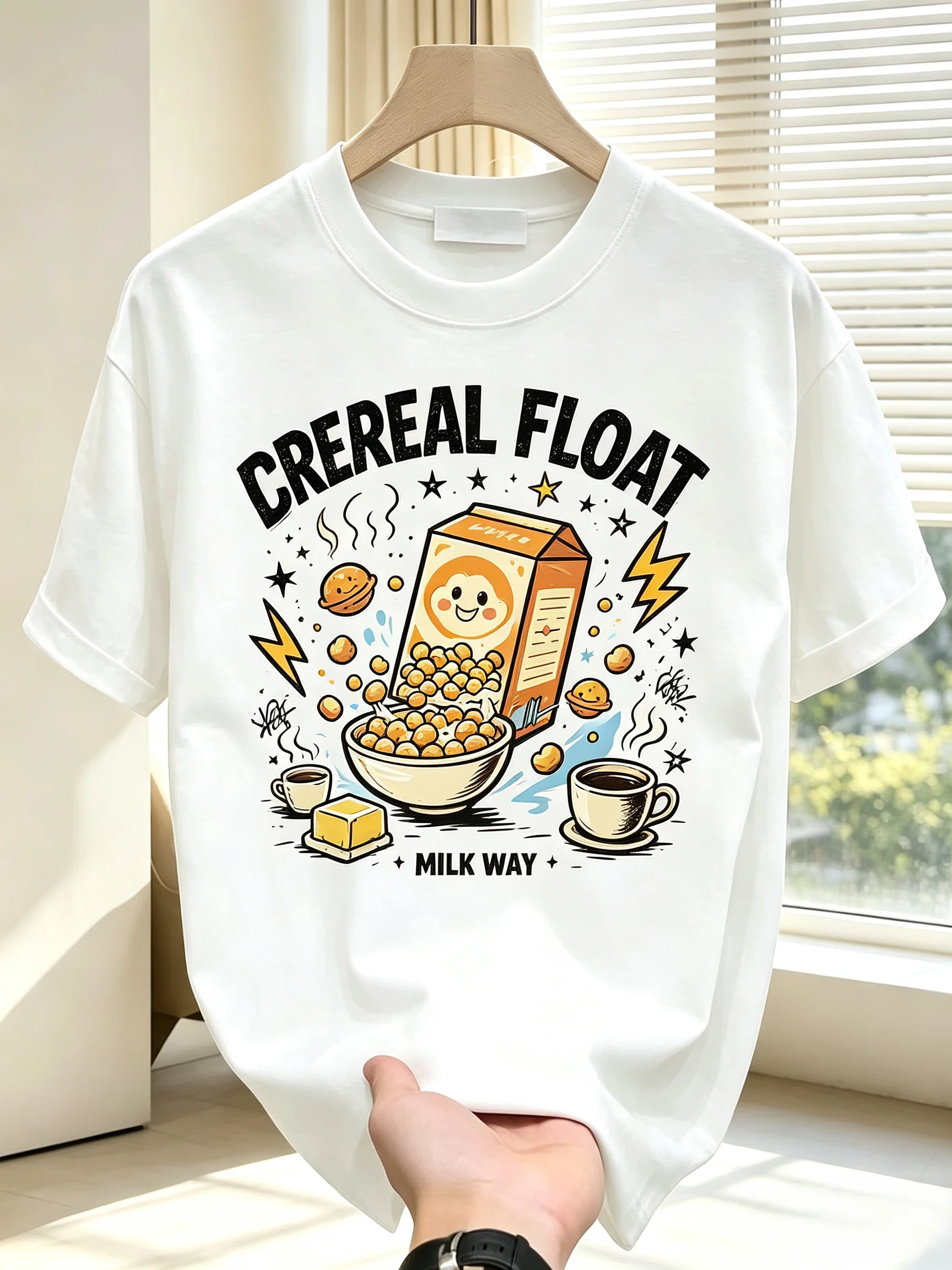 Unisex CEREAL FLOAT Cartoon Breakfast Cereal Milk Box Graphic T Shirt Men Women Milk Way Cute Food Print Urban Short Sleeve White Casual Tee