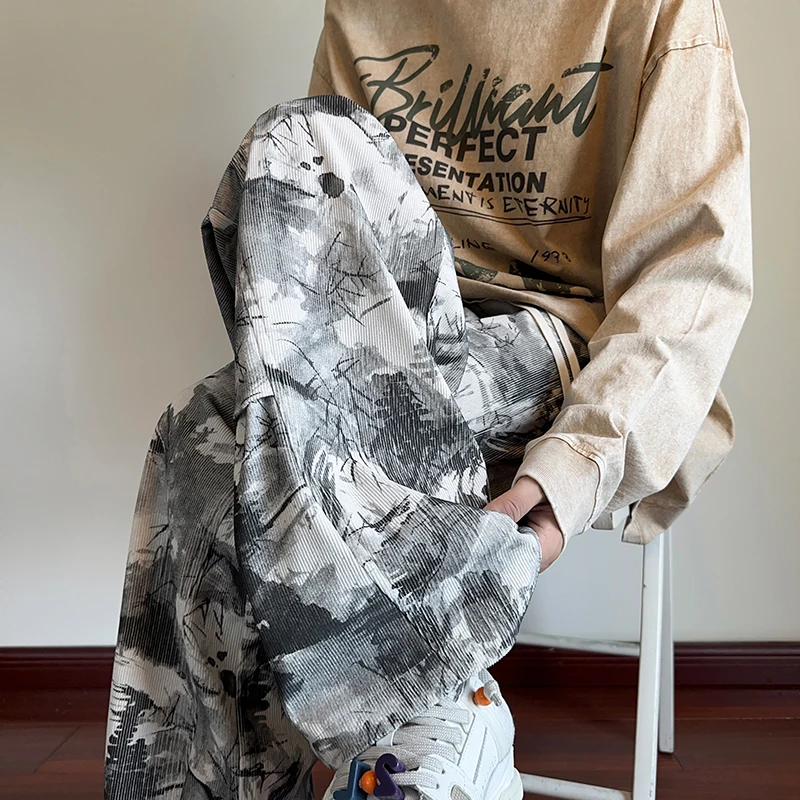 Korean Style Tie-dye Print Casual Pants Black Mopping Trousers Men Autumn Fashion Streetwear Pants Unisex Plus Size 5XL-M