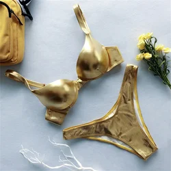 Gold Bikini Push Up Bra Women Trend Y2K Swimwear Glossy Metallic Beach Outfit Swimsuit Bath Suit Club Micro Bikinis Tangas Mujer