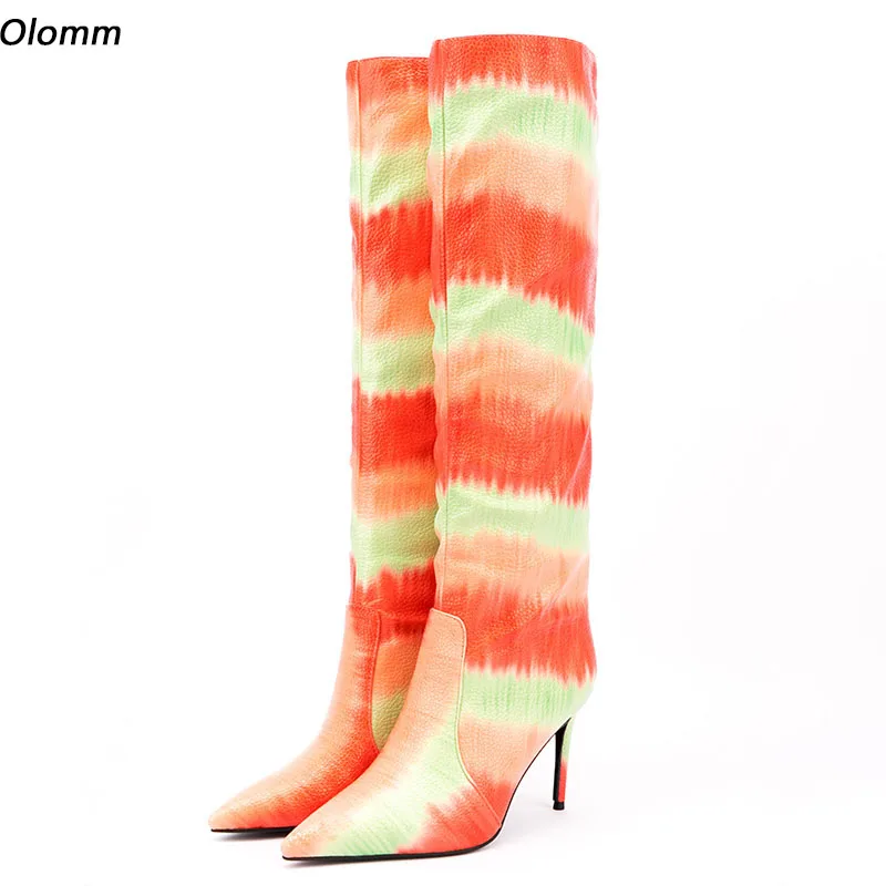 

Olomm Handmade Women Knee High Boots Slip On Thin High Heels Pointed Toe Orange Purple Green Party Shoes Women Plus US Size 5-15