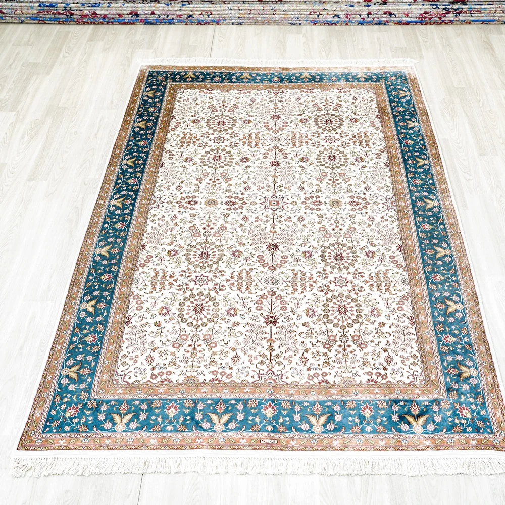 152x244cm Lake Blue And Beige Handmade Handknotted Turkey Oriental Afghan Silk Rugs (LH39B)