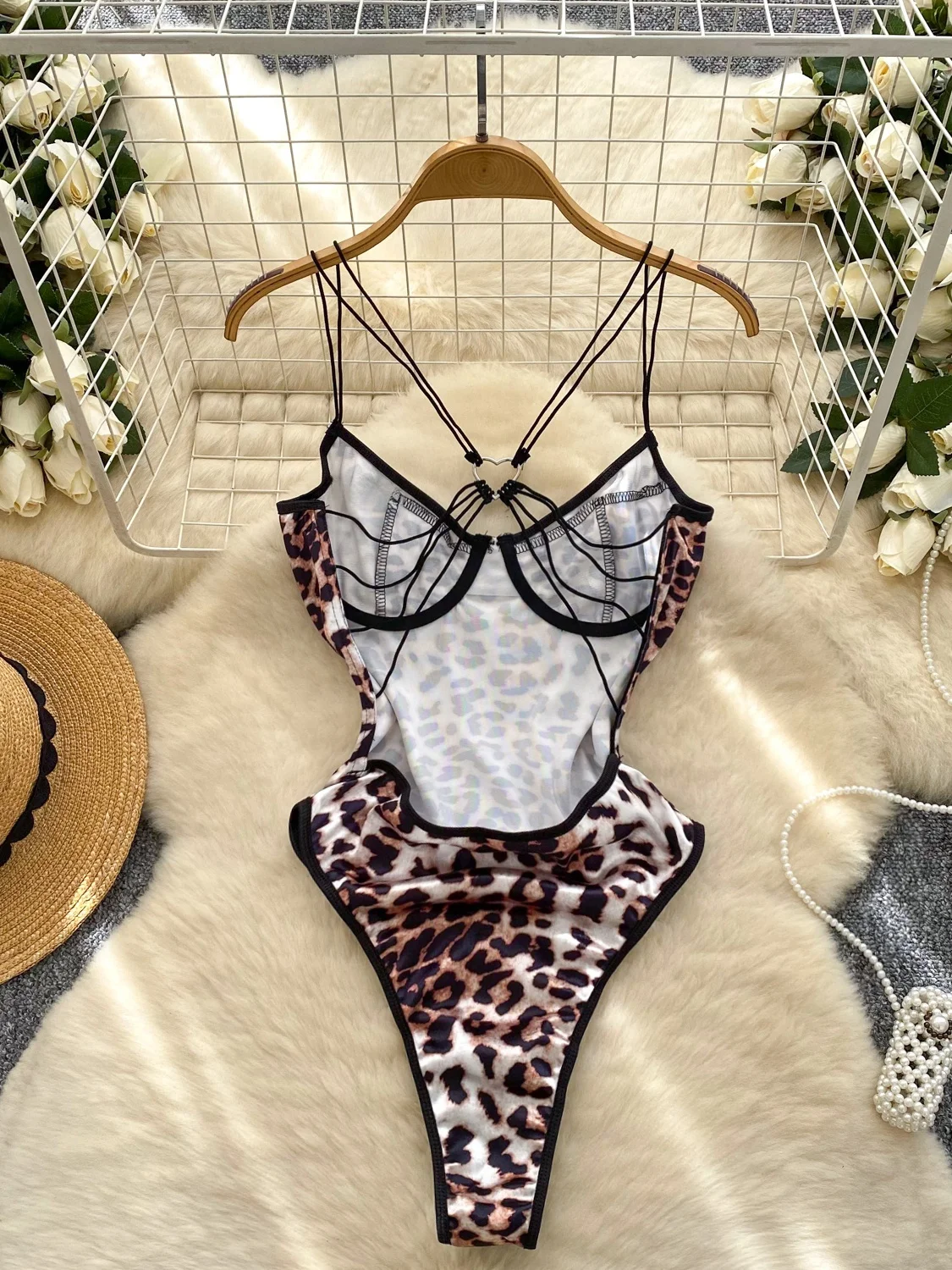 

Summer Sexy Bal Slim Fit Leopard Print Swimsuit Women's Strap Design High Waist ort Pants Base Top Trendy
