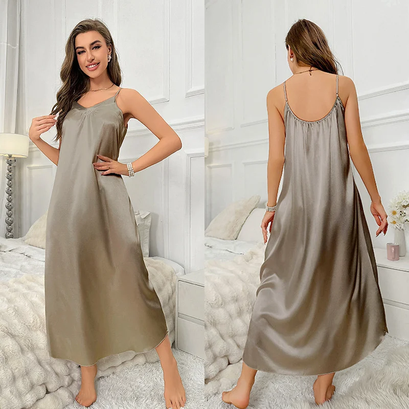 Women\'s Ice Silk Satin Causal Nightgown Long Slip Sleep Dress Silk V Neck Sling Solid Color Long Loose Nightwear