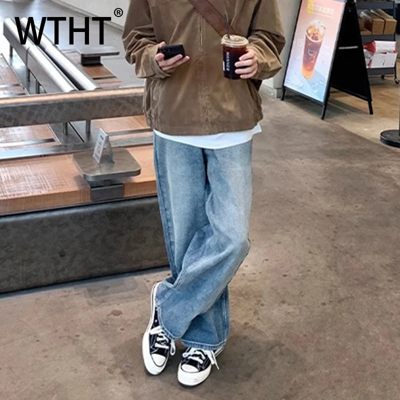 

WTHT модные мужские прямые свободные джинсовые брюки с градиентом, винтажные повседневные широкие джинсы с высокой талией, мужские джинсы, лето 2029, 2A1306
