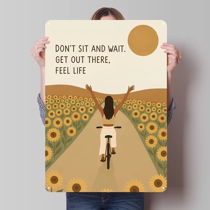 يشعر بالحياة: امرأة ركوب الدراجات من خلال عباد الشمس علامات معدنية ركوب الدراجات ملصق غرفة نوم الديكور غرفة المعيشة ديكور الرجال القهوة بار الرجعية