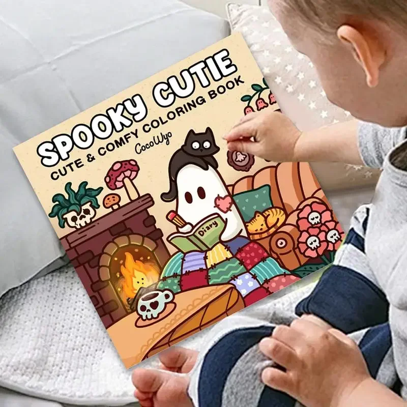 Imagem -02 - Livro para Colorir para Adultos e Adolescentes Tema de Halloween com Criaturas Assustadoras Adoráveis em Momentos Aconchegantes para Presente de Relaxamento