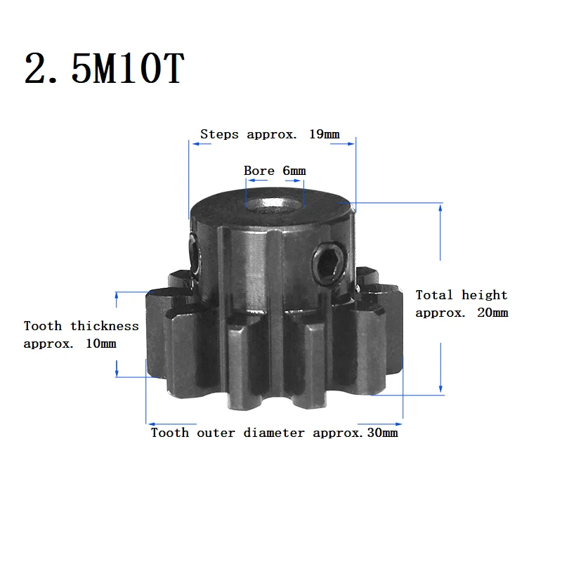 

1pcs Spur Gear 2.5M 10T 45#Carbon Steel High Frequency Blackening Bore Size 6mm