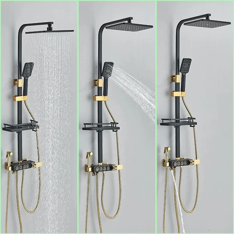 Black Gold Bathroom Faucet Thermostatic Mixer Shower Set with Bidet and Bathtub Spout Tap Wall Mount Rainfall System