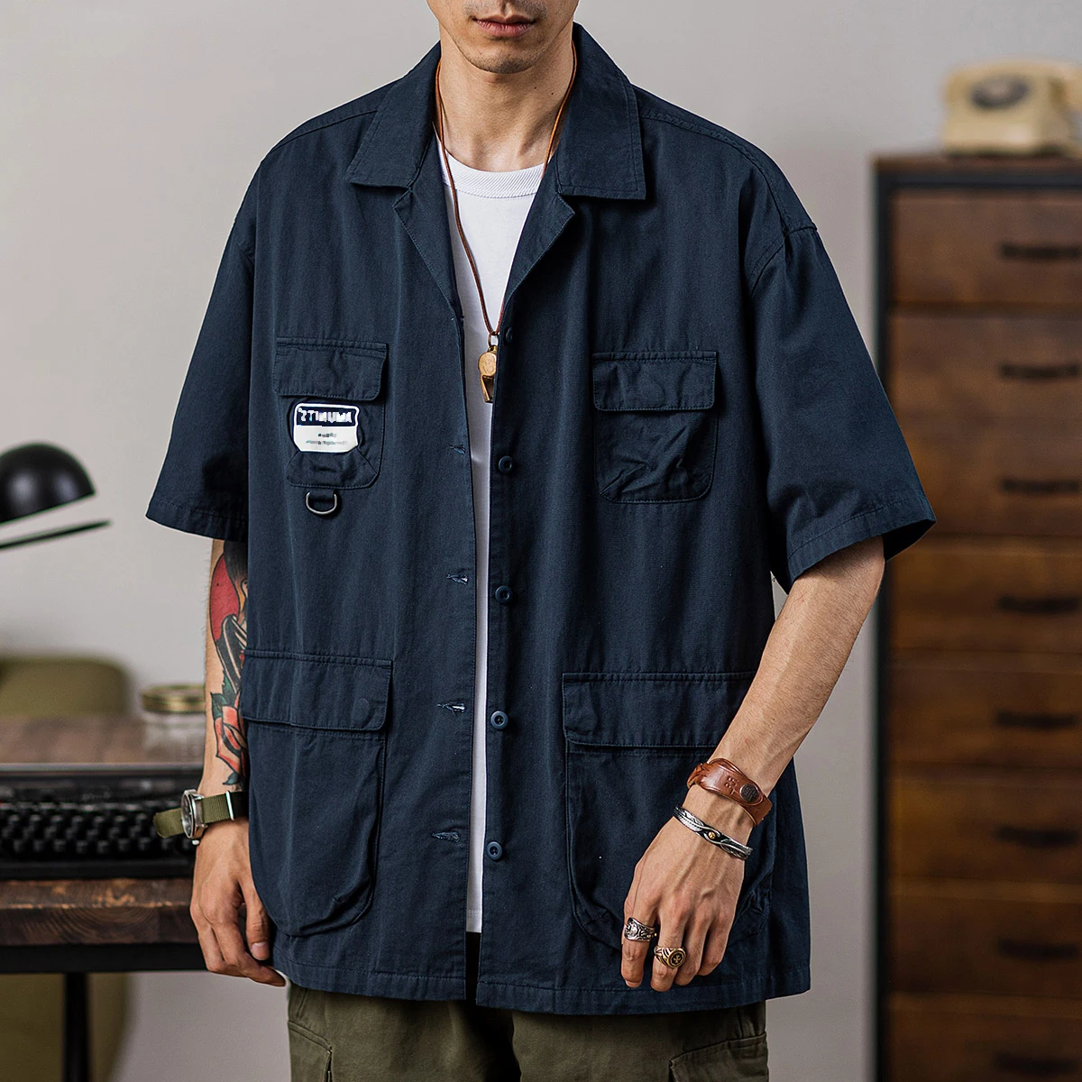 

Loose Fit ort Sve Casual irt for Men Retro Workwear Summer Trendy Brand Pure Color Multi ket Loose Sle Blue