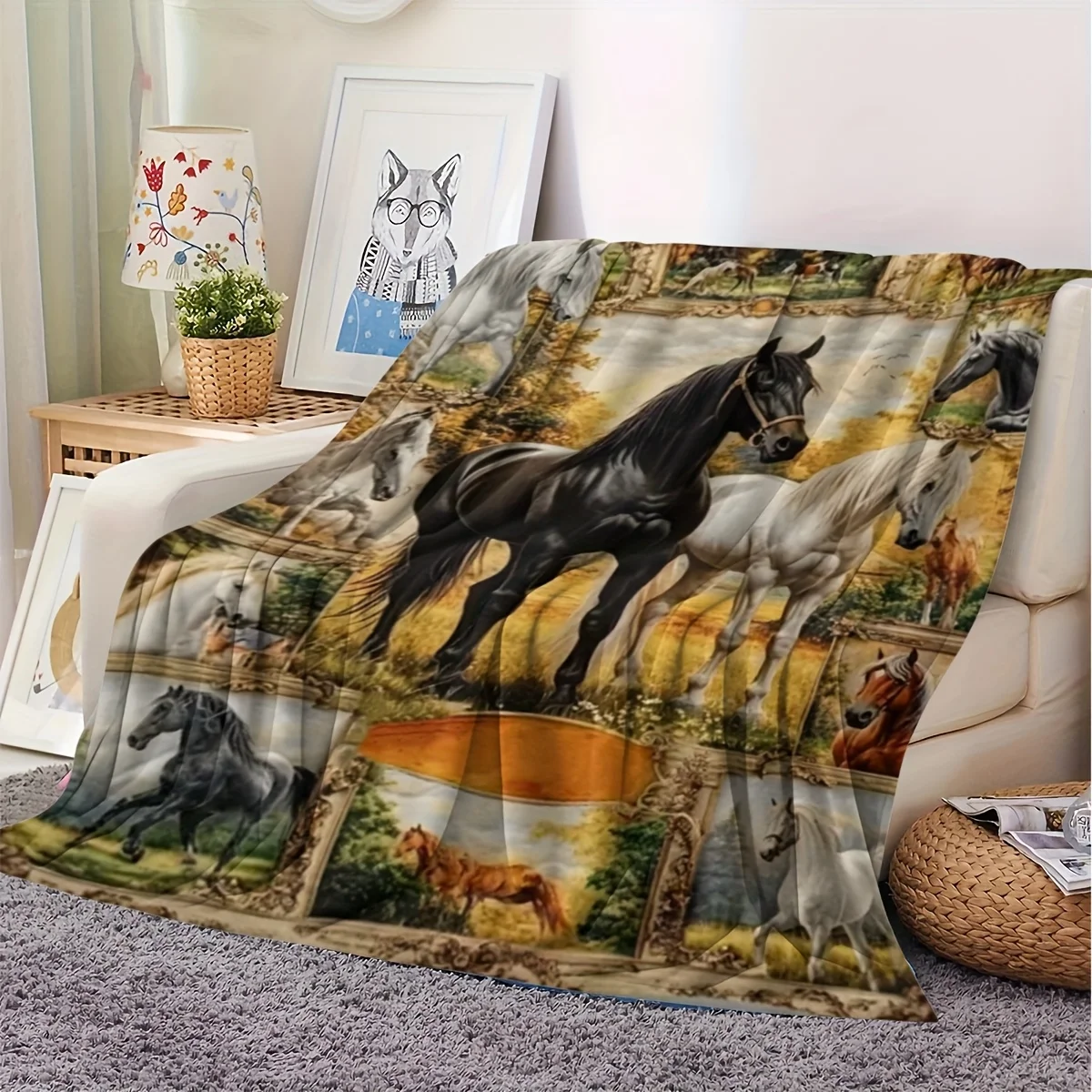 Cozy Retro Horse Print Flannel Blanket - Lightweight, Soft & Warm | Suitable for Sofa, Bed, Travel, Camping | Multiple Sizes Ava