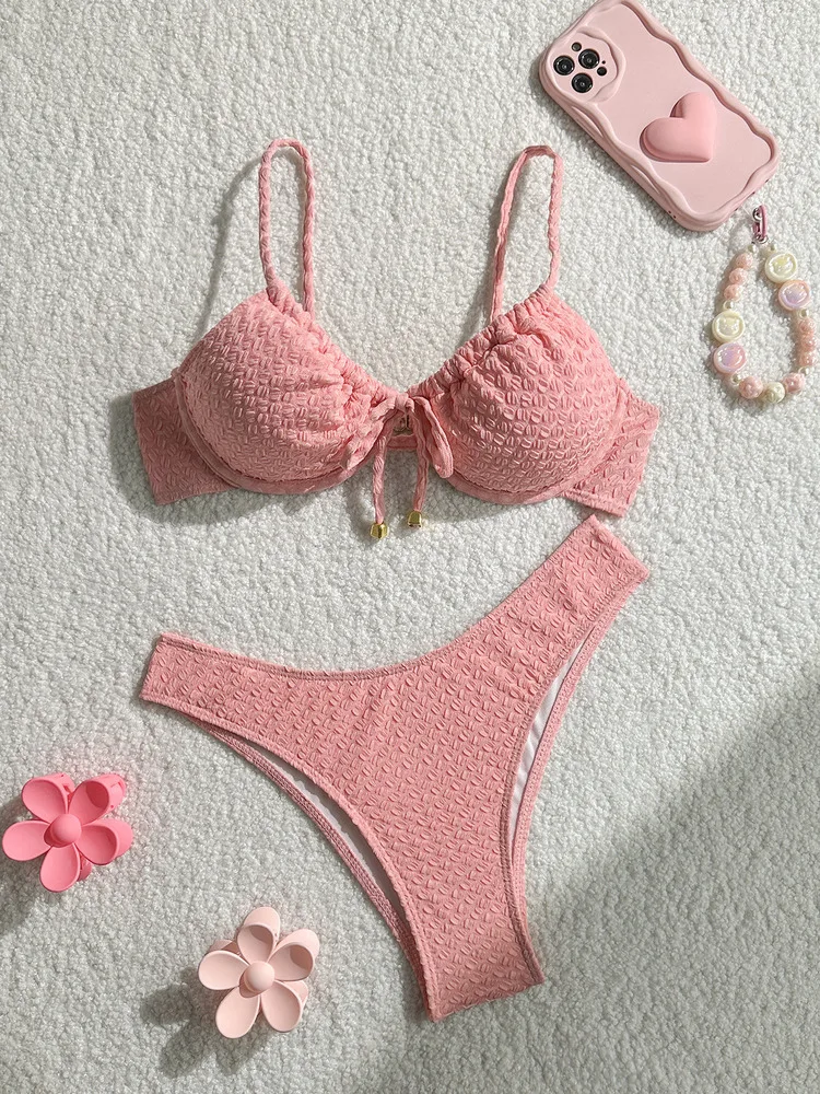 2026 New Summer Women's Solid Color Two-piece Swimsuit Sexy Fashionable Underwire Bikini Set Beach Vacation Swimwear