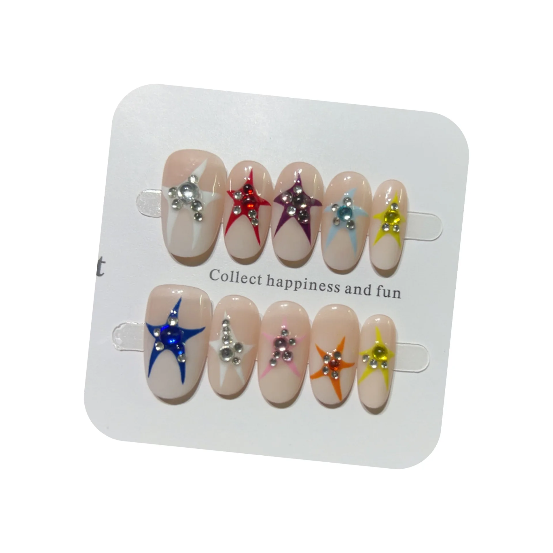 10 Stück handgemachte kurze Nägel zum Aufdrücken, Milchweiß, Farbverlauf, Strass, Stern-Design, falscher Nagel, tragbar, Y2K-Nagel für Mädchen und Frauen