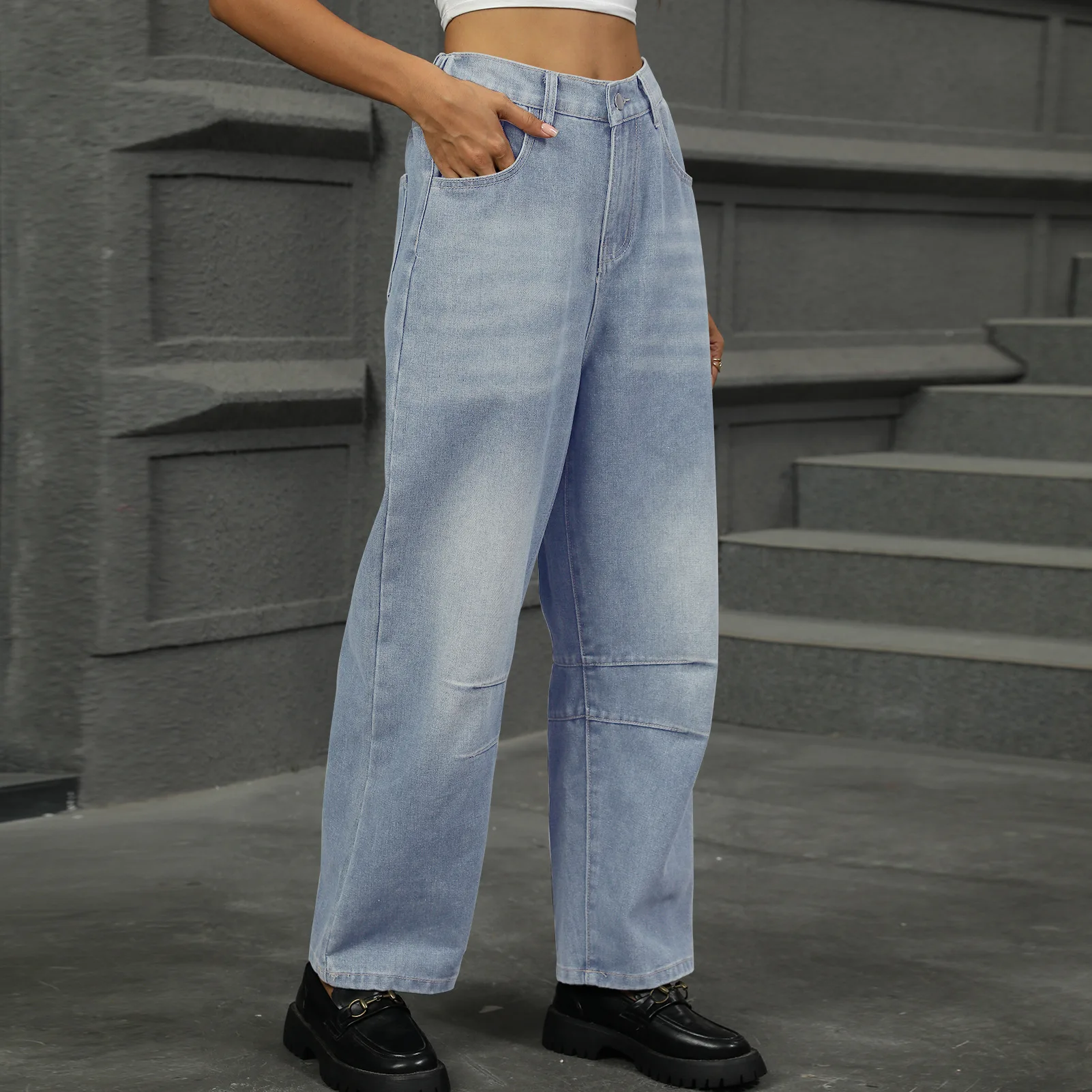 Nuevos pantalones vaqueros de mezclilla a la moda para mujer con lavado de piedra, corte holgado, cintura alta, longitud Capri