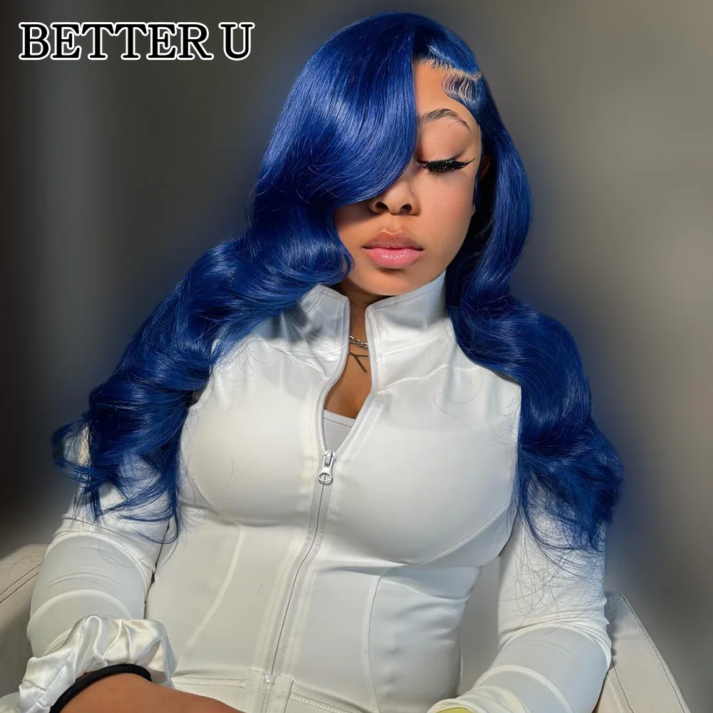 13x6 الأزرق الداكن الدانتيل الجبهة خصلات الشعر المستعار الإنسان للنساء قبل قطعها الجسم موجة 100% خصلات الشعر المستعار الإنسان 250% الكثافة الأزرق الدانتيل شعر مستعار أمامي #4