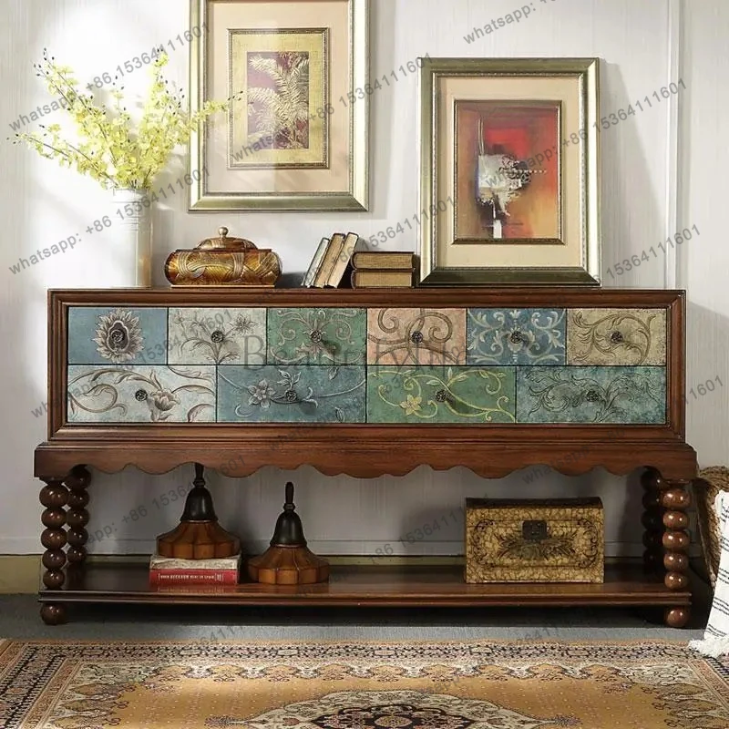 

American rural solid wood dining side cabinet retro and old living room storage locker antique door cabinet