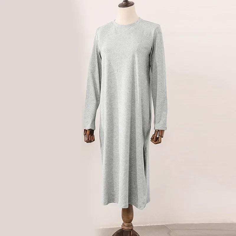 Casual Long Cotton Women Dress Loose Full Sleeve Round Neck Soild Maxi Party Dresses Ladies Robe Female Clothing Hoilday Trip