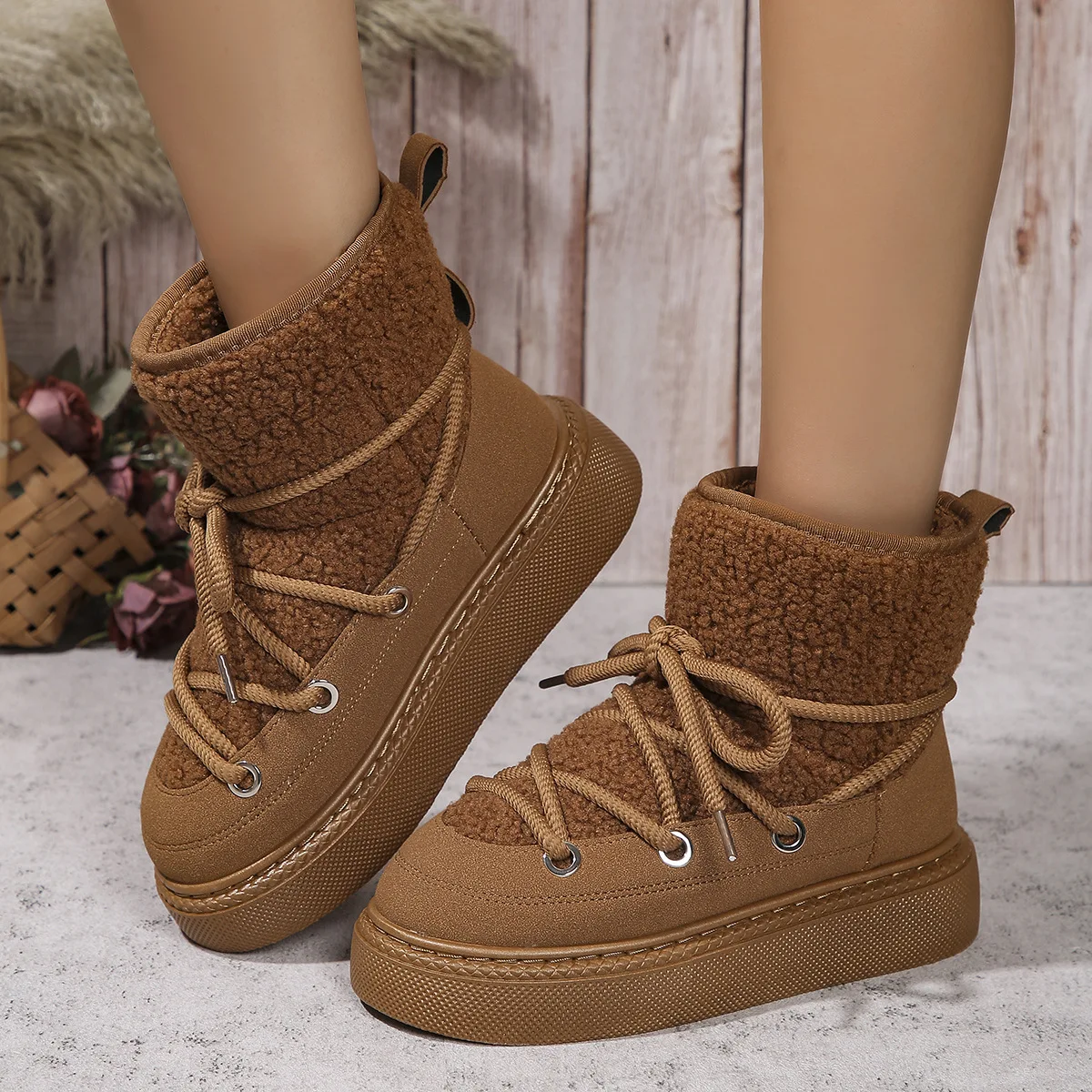 Women's Thick-soled Cross-strap Snow Boots Fashion Winter Round Toe Flock Plush Warm Mid Heel Water Proof Casual Warm Snow Boots