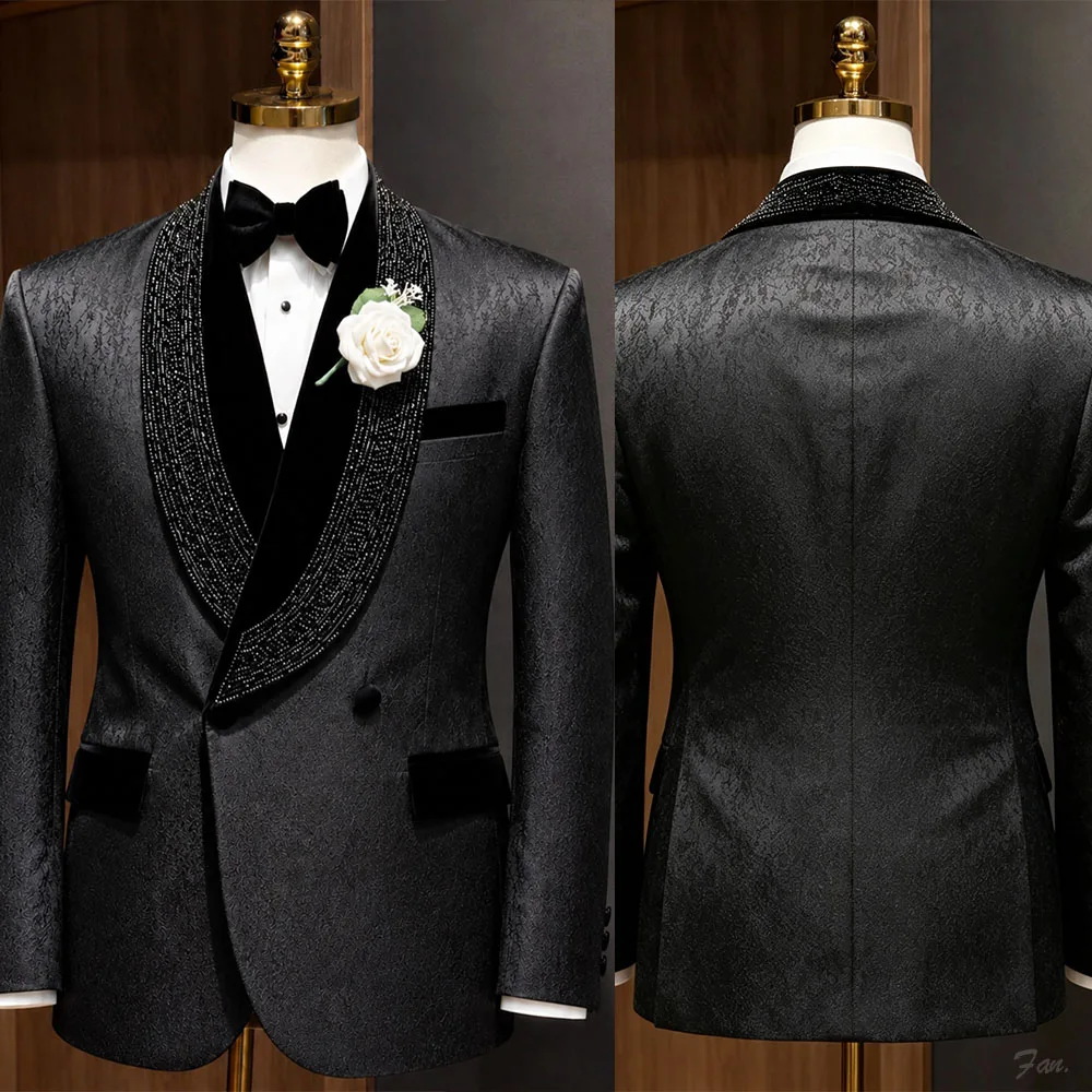 Luxury Black Jacquard Shawl Lapel Men's Tuxedo Jacket with Velvet Trim and Crystal Beaded Edge White Floral Custom Made M264706