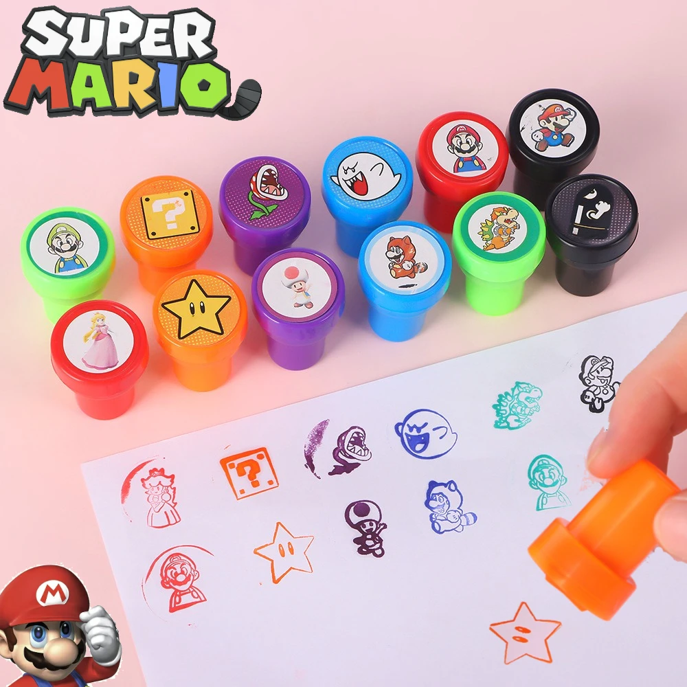 12 قطعة/الوحدة سوبر ماريو الكرتون ختم أنيمي الشكل لطيف لويجي العربة نمط Kawaii أدوات الطلاء DIY بها بنفسك لعب هدايا عيد ميلاد الاطفال